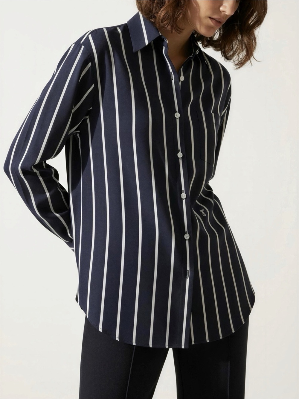 LILYSILK Silk Twill Striped Button-Down Shirt, Navy White Stripes, Medium